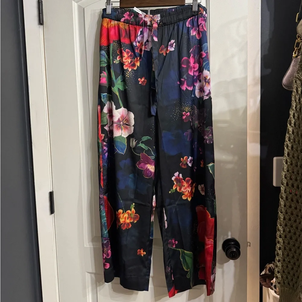 SOMA DRAMA BLOOMS GRAND BLACK SATIN PAJAMA PANTS - Picture 1 of 5